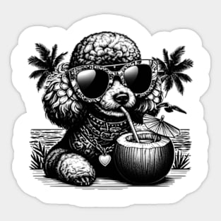 poodle dog wearing sunglasses drinking a coconut drink on a tropical beach Sticker